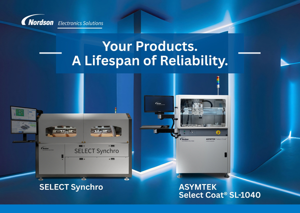 Two industrial machines on an abstract background. Headline is Your Products, A Lifespan of Reliability. Left machine is labelled SELECT Synchro. Right machine is labelled, ASYMTEK Select Coat SL-1040.